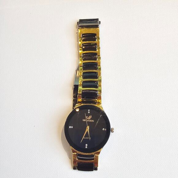 Orlando Black Gold Tone Quartz Analog Watch with Link Band 7.25" Wrist - Picture 2 of 16